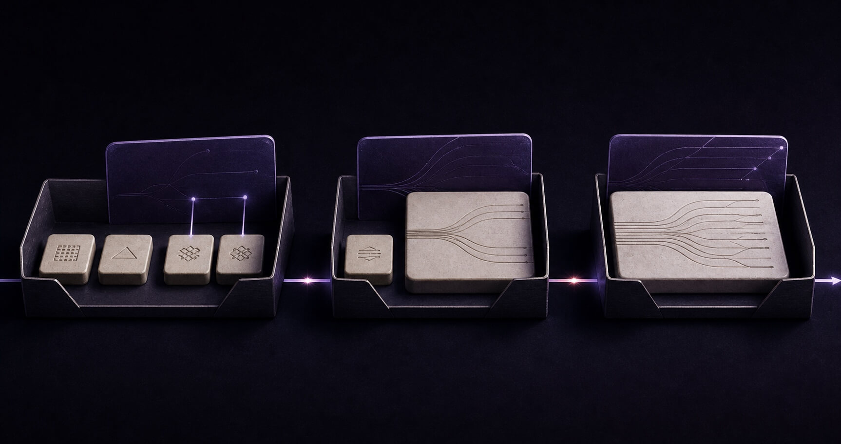 Small and large operation tiles share some carriers and occupy separate others, with clear seams marking command-buffer boundaries.