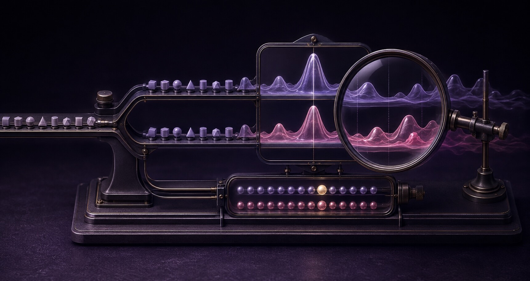 Identical token sequences feed two aligned probability ribbons; a lens reveals differences below their matching highest peak.