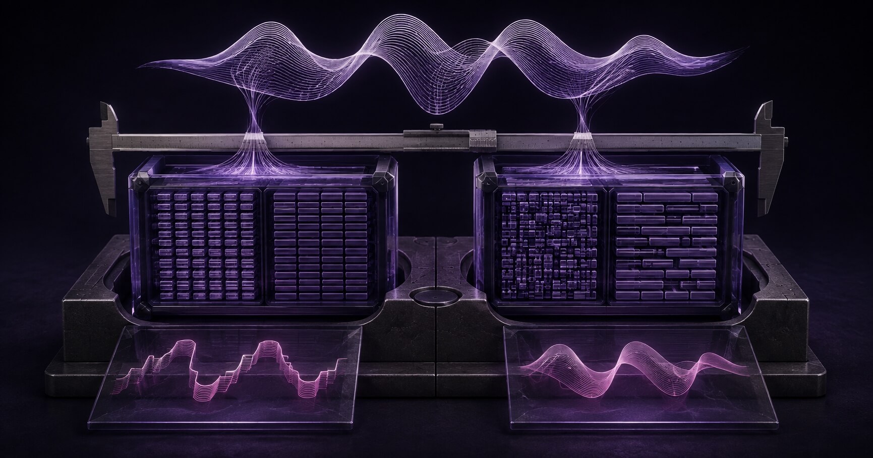 Two equal-sized cache archives reconstruct one reference pattern with different distortions, illustrating a fidelity difference at equal storage cost.