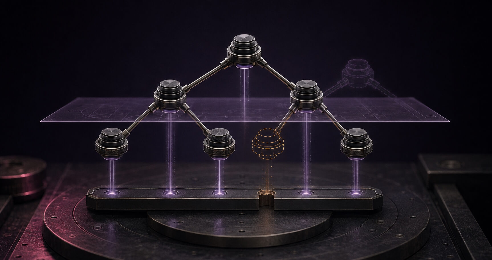 A survey plane crosses a branching process model; one unreadable member leaves an open gap in the collected measurements.