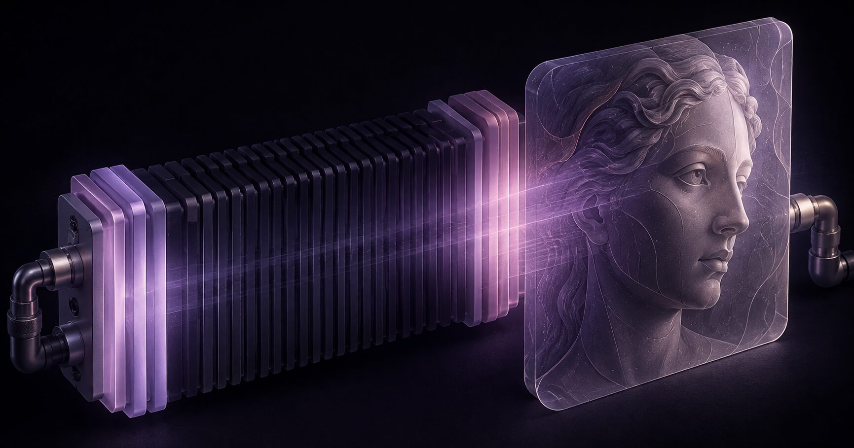 A dark image-forming stack has brighter protected edge bands and selected fittings, sending light into an engraved portrait relief.