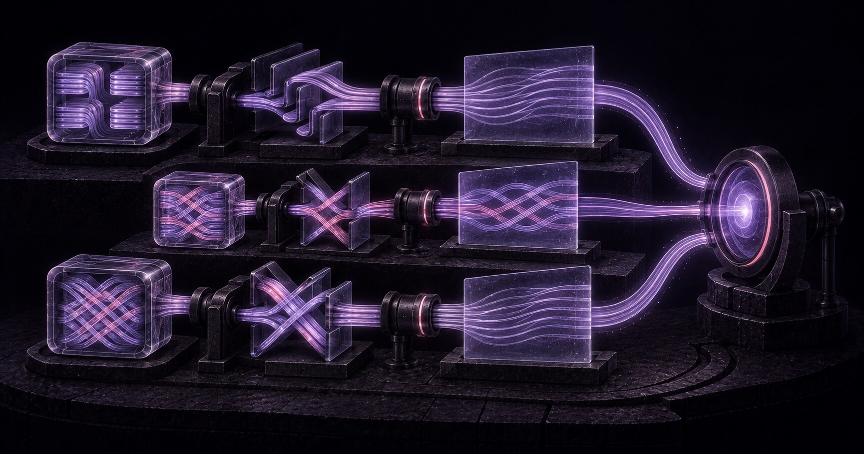 Three glowing translucent latent cubes on stacked dark tiers, each sending purple light-strands through a row of slotted lenses that braid them in a different order, all converging into one bright lens on the right.
