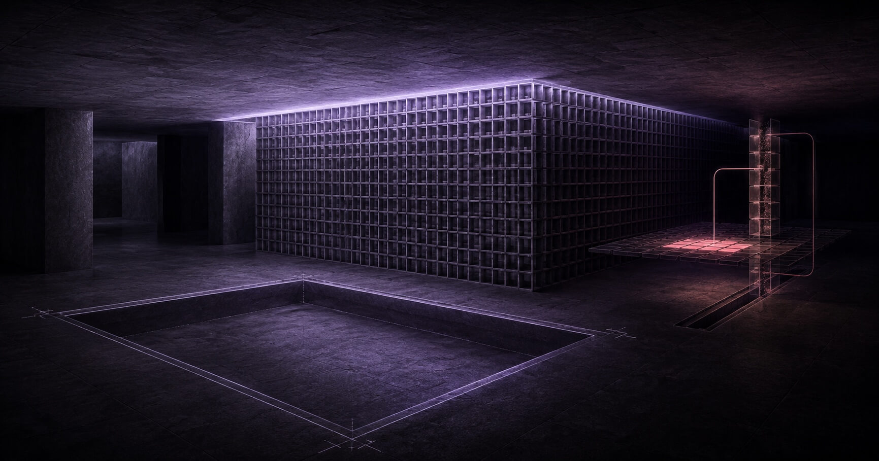 An empty foreground frame reveals a large lattice still pressing against a low ceiling, with a compact tiled alternative beside it.