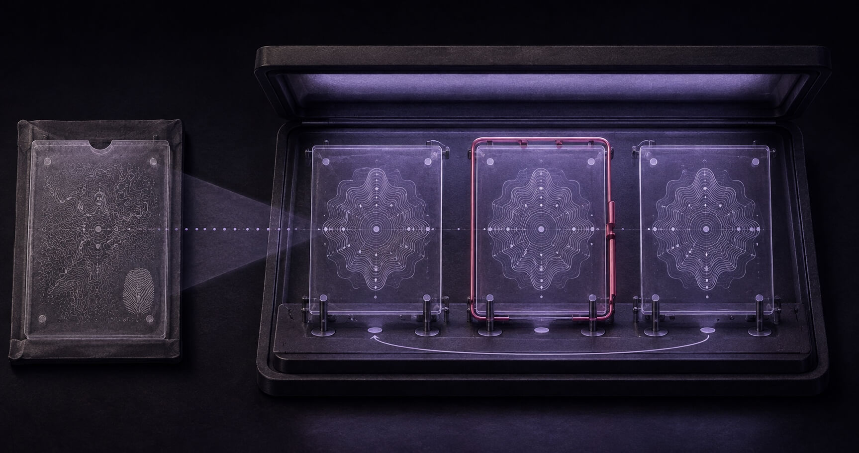 Drie identieke controleplaten liggen in één testframe, terwijl een gearchiveerde plaat met een ander patroon erbuiten ligt.