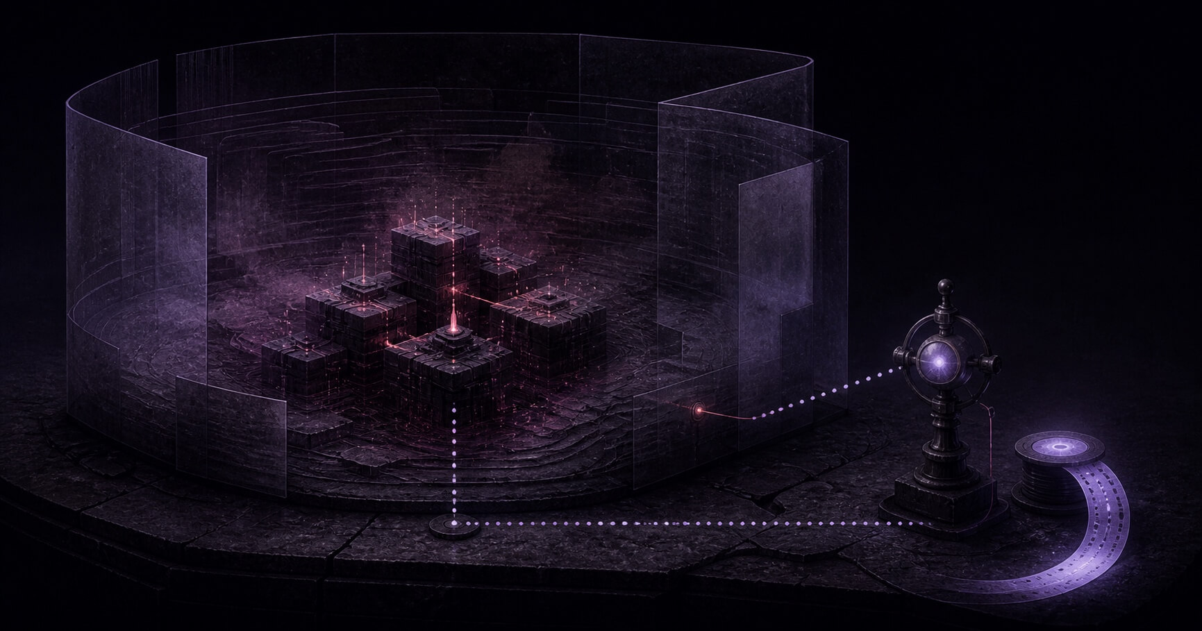 A small observer outside a crowded workload chamber samples its footprint and keeps a record; both stand on one shared foundation.